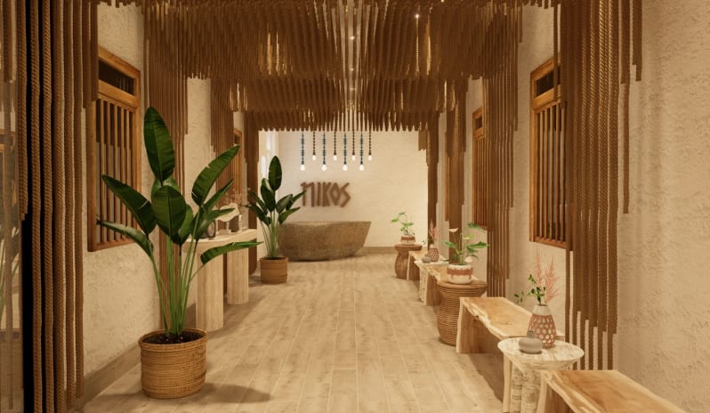 Nikos by Athinagoras Kostakos Rustic boho entrance corridor with hanging ceiling ropes and stone desk at Moon Palace The Grand Punta Cana by Kenwood Travel
