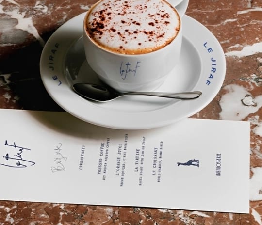 Le Jiraf Branded cup of cappuccino and breakfast menu at Moon Palace The Grand Punta Cana by Kenwood Travel