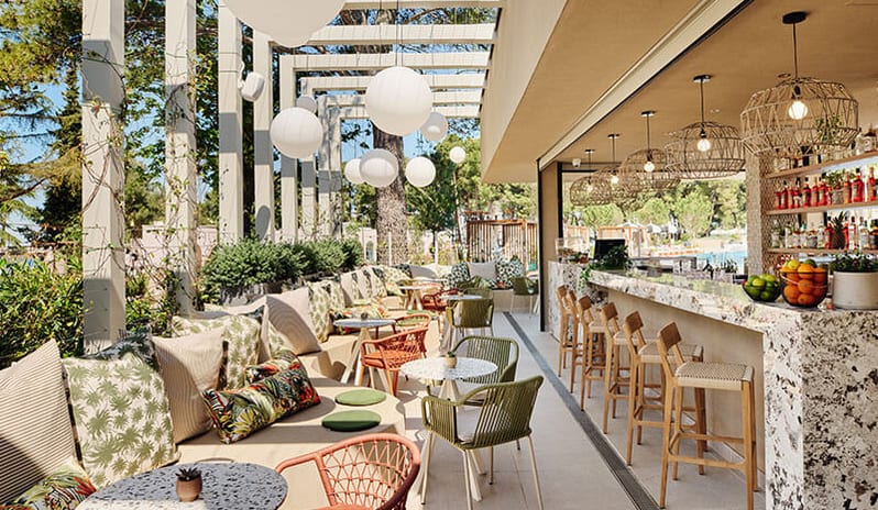 Maestral Pool Bar Covered outdoor terrace and bar counter at Pical Resort, Valamar Collection by Kenwood Travel