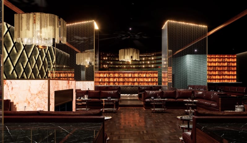 Unique Night Club Luxurious speakeasy bar lounge with leather seating and illuminated liquor display at Moon Palace The Grand Punta Cana by Kenwood Travel
