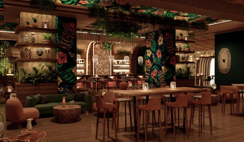 Waitiki Tropical tiki lounge interior with high-top seating and vibrant Polynesian-inspired decor at Moon Palace The Grand Punta Cana by Kenwood Travel