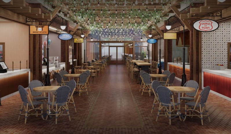 Camino Street European-style indoor food hall with bistro seating and food vendor stalls at Moon Palace The Grand Punta Cana by Kenwood Travel