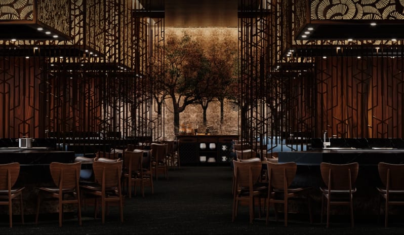 Teppan by Momo Elegant dark wood Japanese dining room with geometric screen partitions and ambient lighting at Moon Palace The Grand Punta Cana by Kenwood Travel