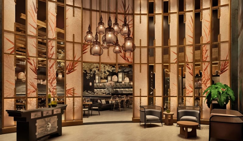 Jade Elegant Asian restaurant lounge featuring bamboo lattice partitions and lantern pendant lights at Moon Palace The Grand Punta Cana by Kenwood Travel