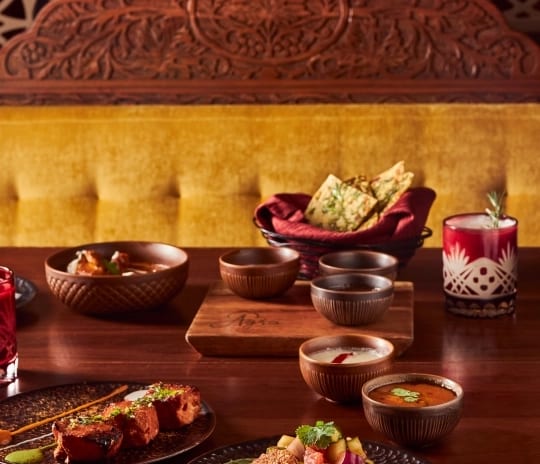 Agra Fine dining Indian food spread including paneer tikka skewers and traditional curries at Moon Palace The Grand Punta Cana by Kenwood Travel