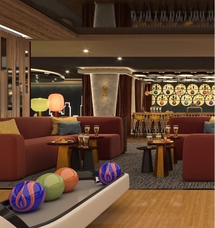 The Ninth Pin bowling alley with drinks service, comfortable seating, and modern bar design at Moon Palace The Grand Punta Cana by Kenwood Travel