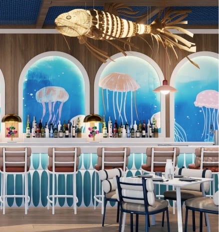 Snack Bar counter with fish sculpture lighting and jellyfish murals at Moon Palace The Grand Punta Cana by Kenwood Travel
