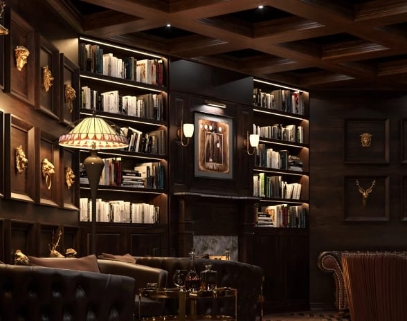 Unique Night Club Dark wood library study lounge with leather armchairs and illuminated bookcases at Moon Palace The Grand Punta Cana by Kenwood Travel