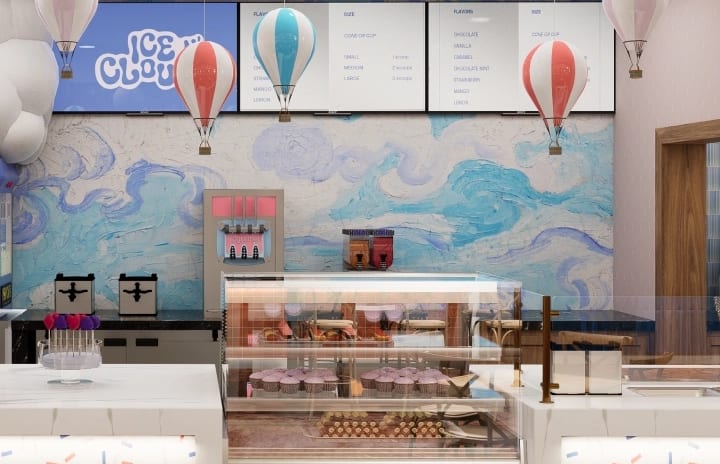Camino Street Whimsical ice cream shop counter with hot-air balloon decor and dessert display at Moon Palace The Grand Punta Cana by Kenwood Travel