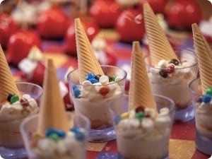 Camino Street Mini ice cream cups topped with colorful chocolates and upside-down wafer cones at Moon Palace The Grand Punta Cana by Kenwood Travel