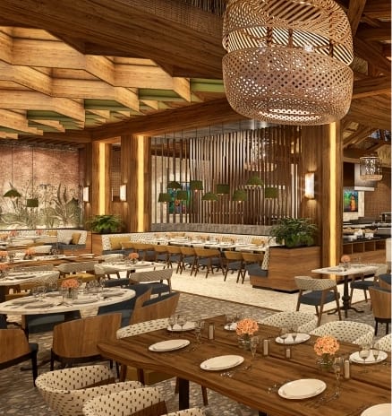Fuego Bar Modern rustic restaurant dining area with wooden tables and woven pendant lighting at Moon Palace The Grand Punta Cana by Kenwood Travel