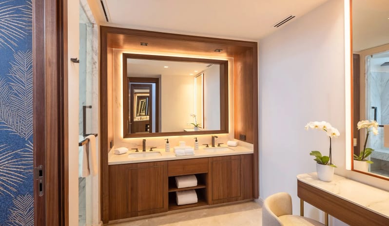 Grand Superior Deluxe Ocean View bathroom with double vanity and vanity dressing station at Moon Palace The Grand Punta Cana by Kenwood Travel