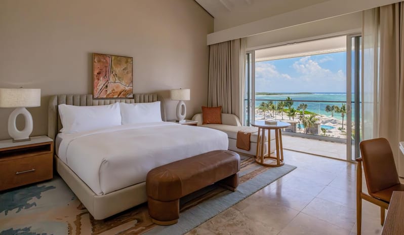 Grand Deluxe Ocean View King, Top Floor, Balcony vaulted ceilings and panoramic ocean balcony view at Salterra, A Luxury Collection Resort & Spa, South Caicos by Kenwood Travel