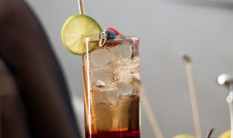 San Marco Lounge & Bar Layered iced cocktail garnished with a fresh lime slice, blueberries, and a straw at ARIA Retreat & SPA by Kenwood Travel