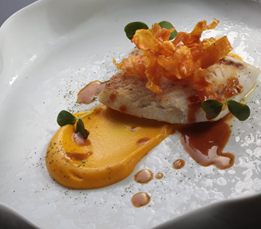 La Musa Restaurant & Rooftop Terrace Gourmet pan-seared fish fillet with carrot puree and crisp garnish on a white ceramic plate at ARIA Retreat & SPA by Kenwood Travel