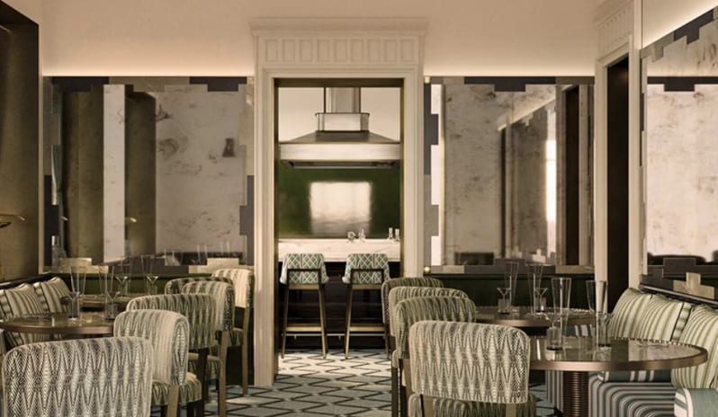 Caffè Cavour Restaurant dining room seating with patterned chairs and terrazzo floors at Palazzo Venezia by Kenwood Travel