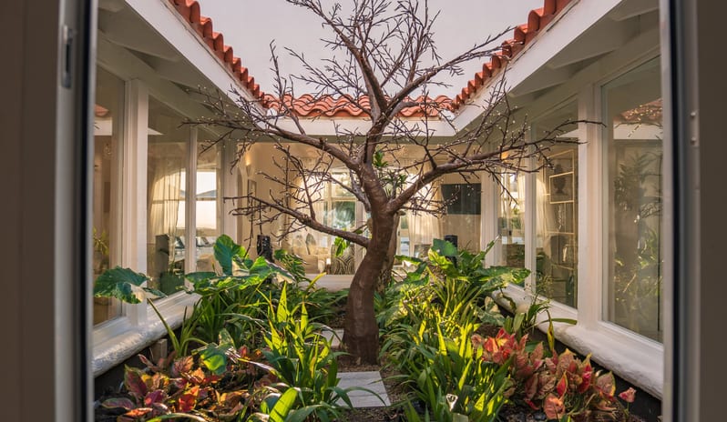 Presidential Manor An open-air courtyard garden inside a white villa filled with green plants and a central tree surrounded by glass walls at Windjammers Landing by Kenwood travel