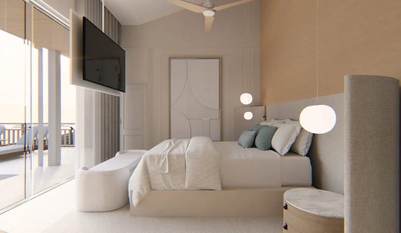 Hillside Penthouse Modern luxury bedroom interior featuring a comfortable bed with neutral linens, minimalist bedside pendant lights, a wall-mounted TV, and large glass sliding doors opening to a balcony at The Calabash Hotel by Kenwood Travel