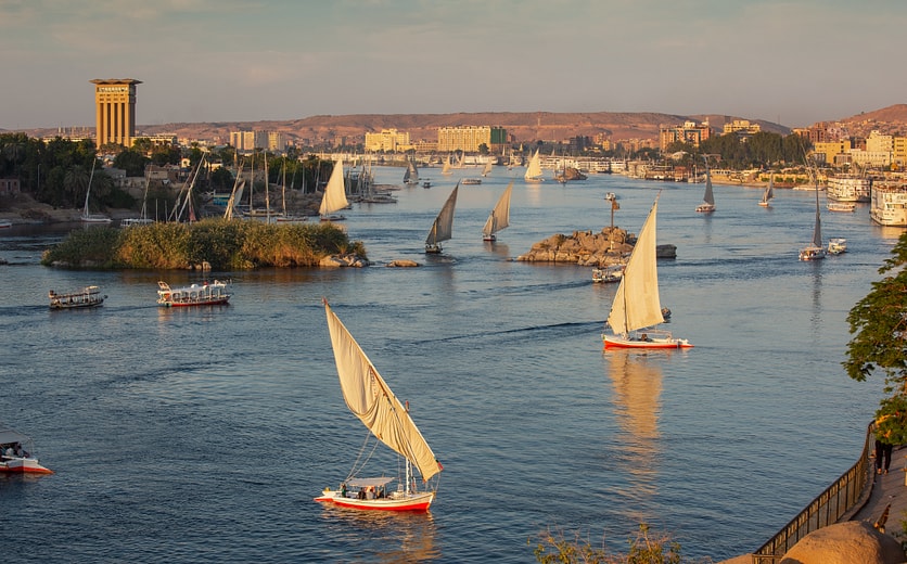 Nile river in Aswan at sunset, Egypt.jpg